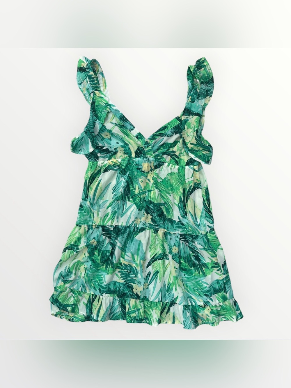 ONLY Tropical Palm Print Tiered Mini Dress | Medium | Green Ruffle Summer Dress